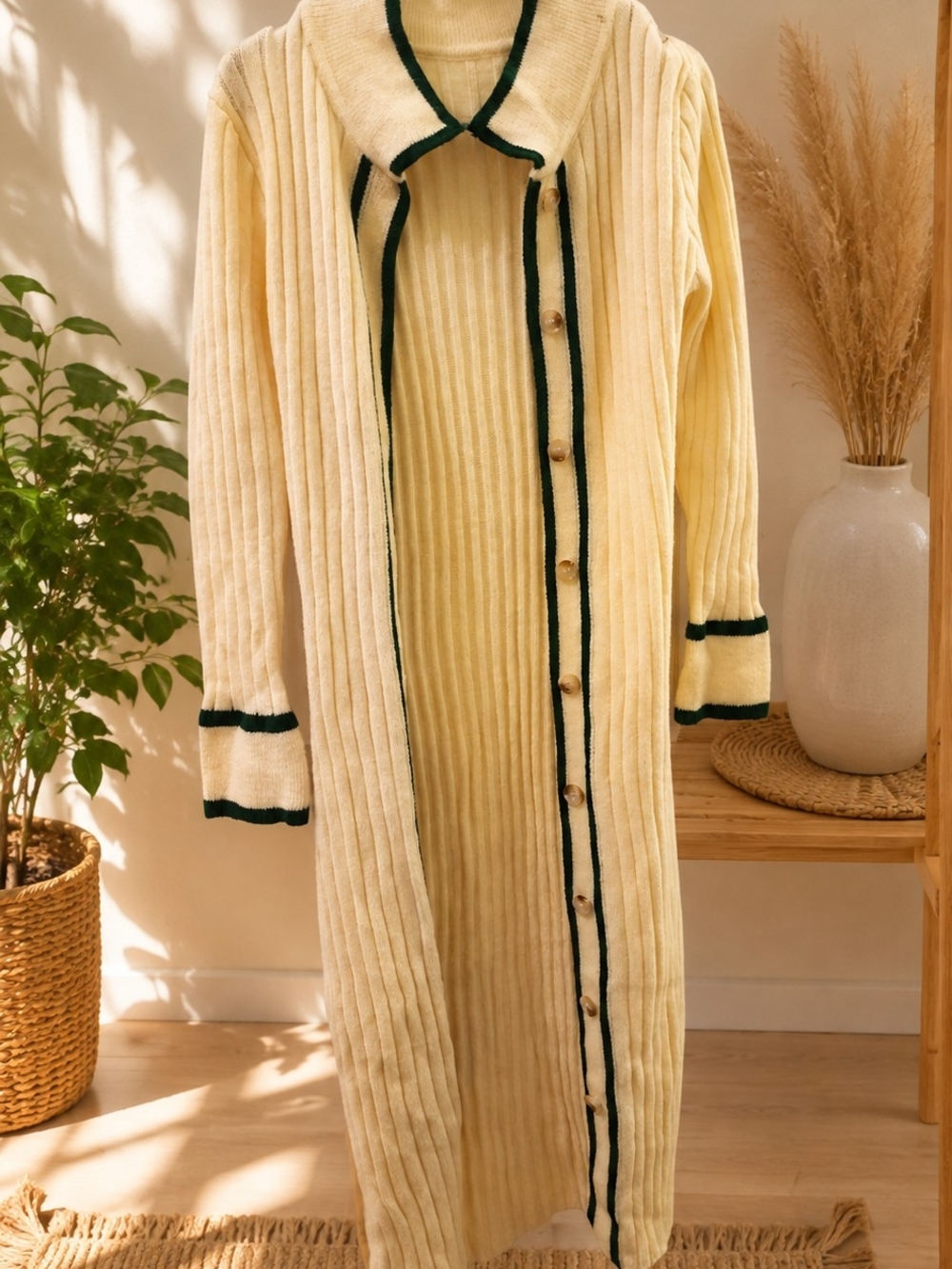 Shein ribbed knit sweater dress cream green button front midi size m